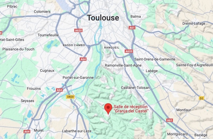 Carte Google Maps avec un repère placé sur la salle des fêtes d'Aureville